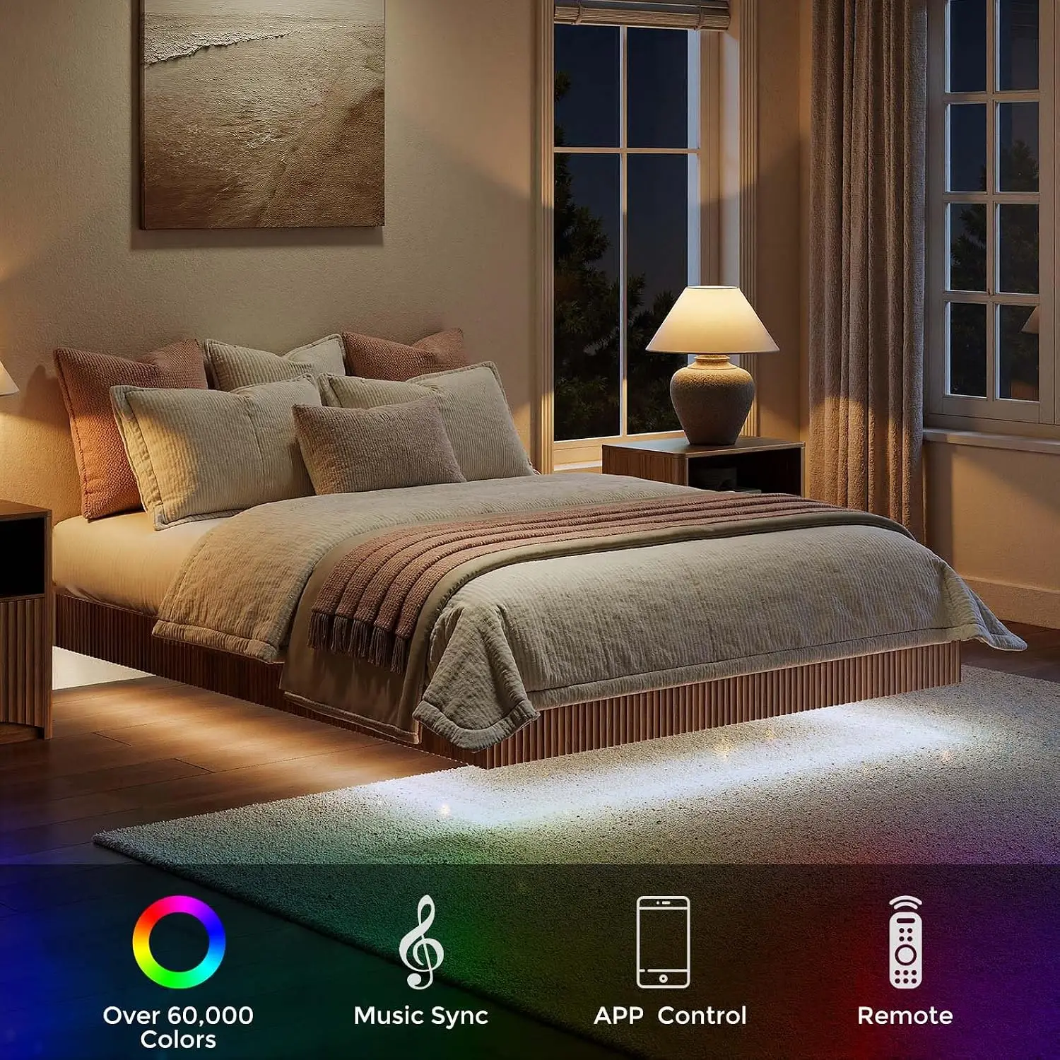 Walnut Queen Floating Bed Frame LED Fluted Platform No Headboard Heavy Duty Metal No Box Spring 10in High, Customized view 3