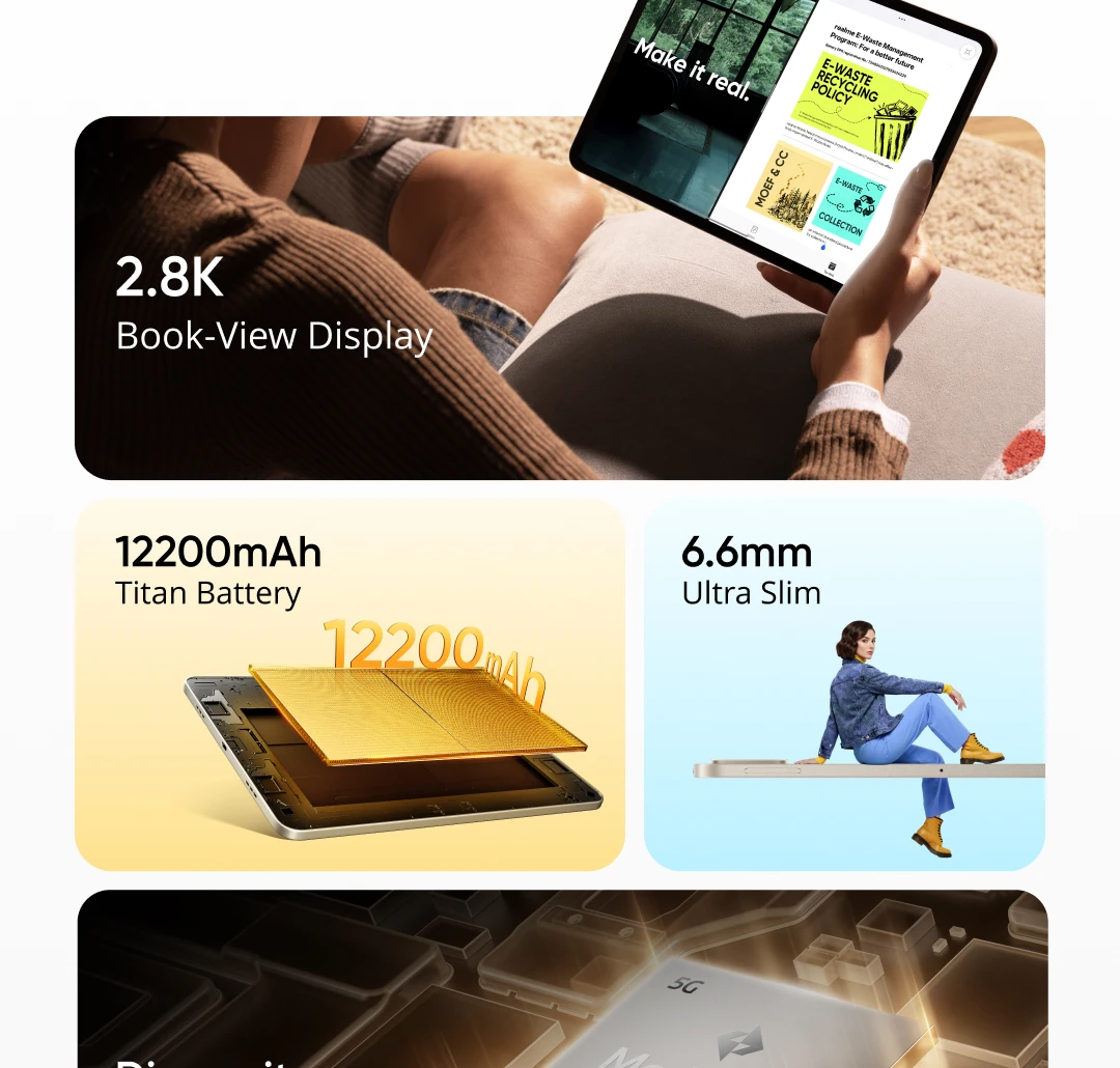 [New Launch] realme Pad 3 5G Global Version 2.8K Book-View Display 12200mAh Titan Battery Dimensity 7300-Max Chipset