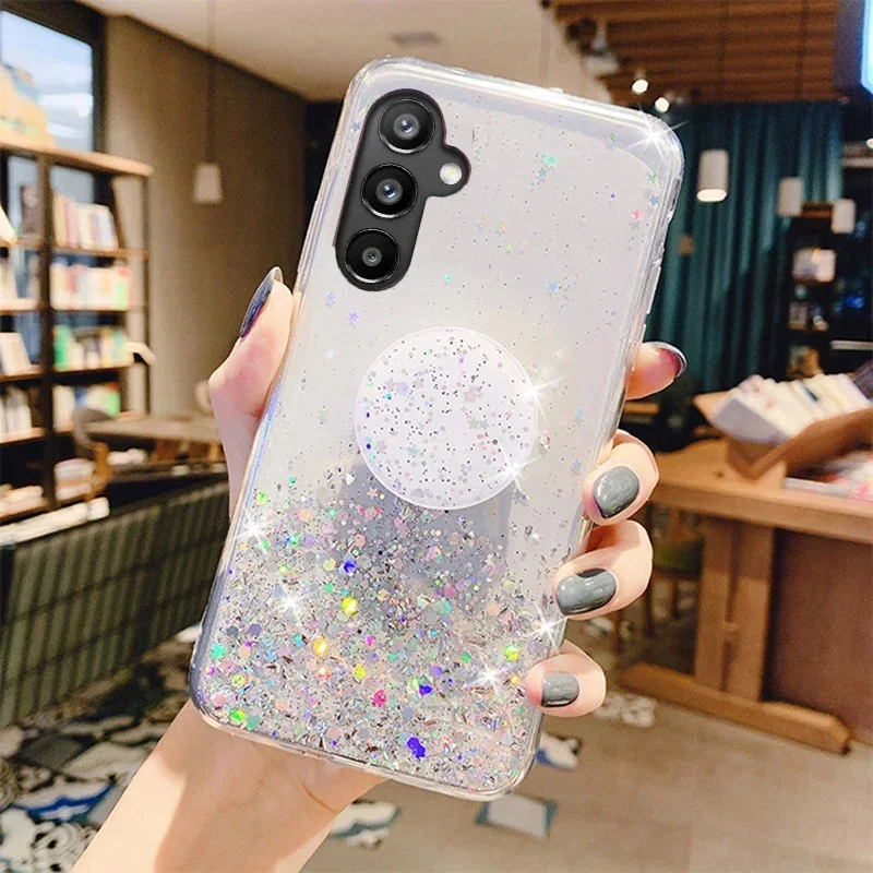 Bling Glitter Silver Foil Phone Holder Case for Samsung Galaxy A16 A26 A36 A56 A06 A15 A25 A35 A55 A14 A24 A34 A54 5G Cover