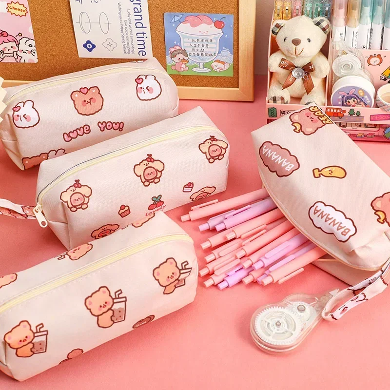 Kawaii Cartoon Beer Etui Grote Capaciteit Pen Tas Desktop Briefpapier Organisator Leuke Opbergtas School Kantoorbenodigdheden