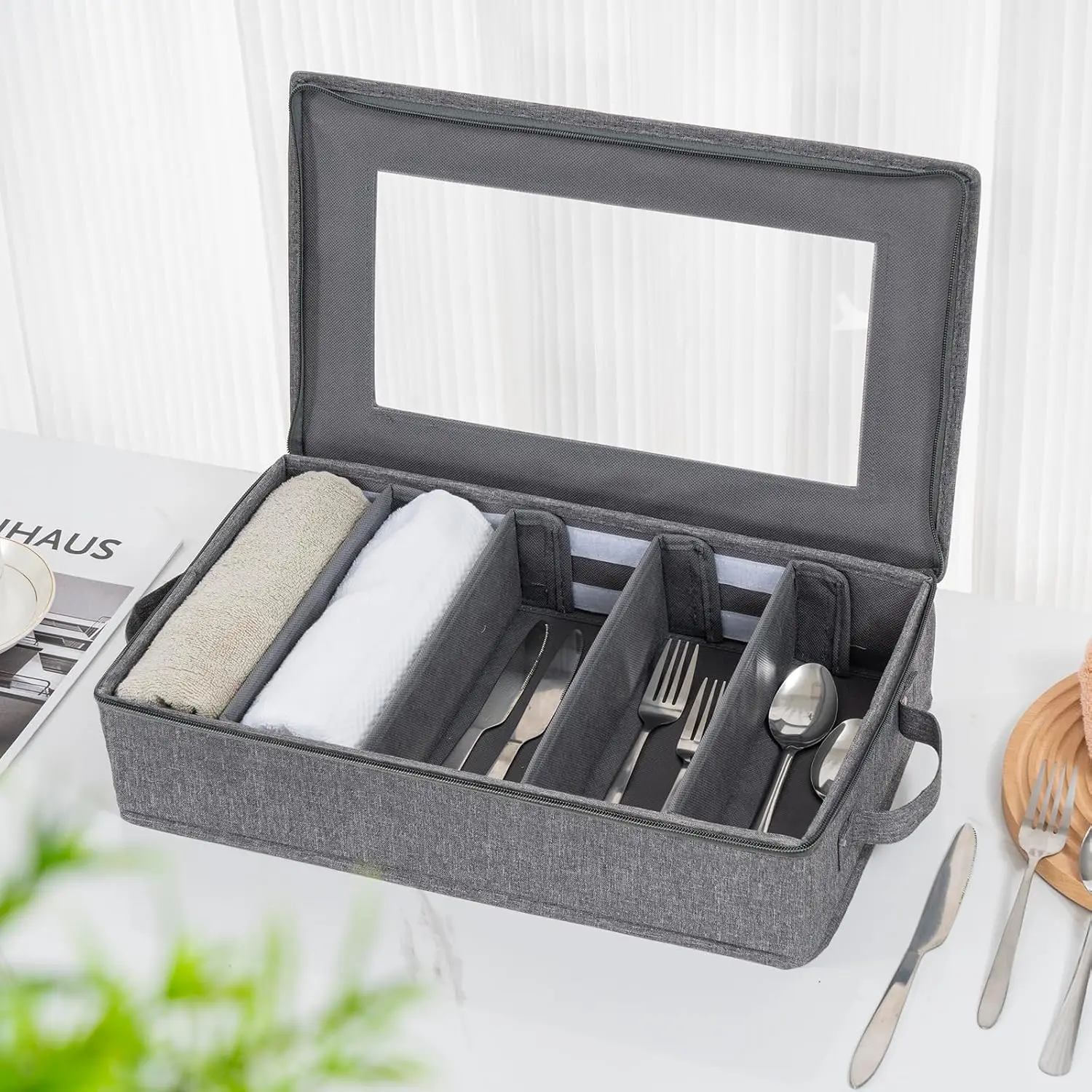 Storage Box 2 Pack, Silverware Storage Box Case Chest with Adjustable Dividers, Silverware Holder with Zipper Lid