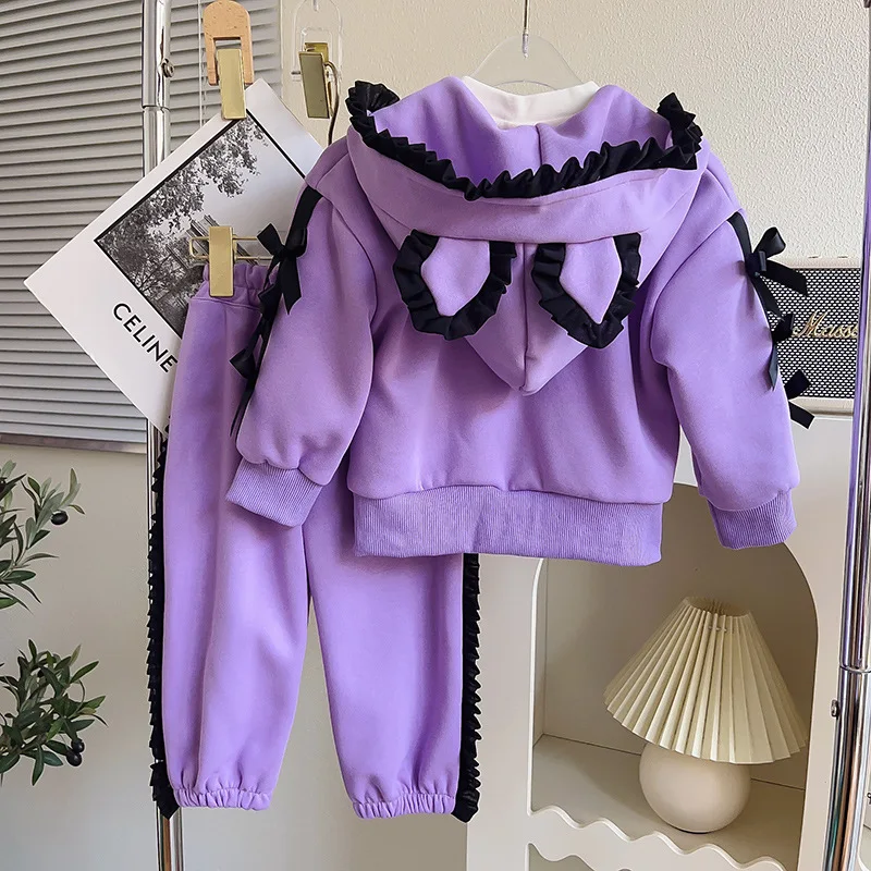 

Girls' Leisure Set 2023 Autumn New Purple Lace Cute Ears Hoodie Zipper Coat + Loose Pants Sweet Girls Two Piece Set