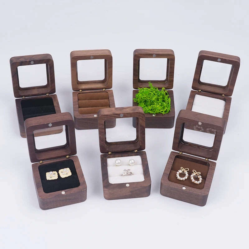 Wood Jewelry Box Wedding Ring Box Velvet Earring Rings Gift Packaging Box Holder Organizer Proposal Engagement Ring Display Case