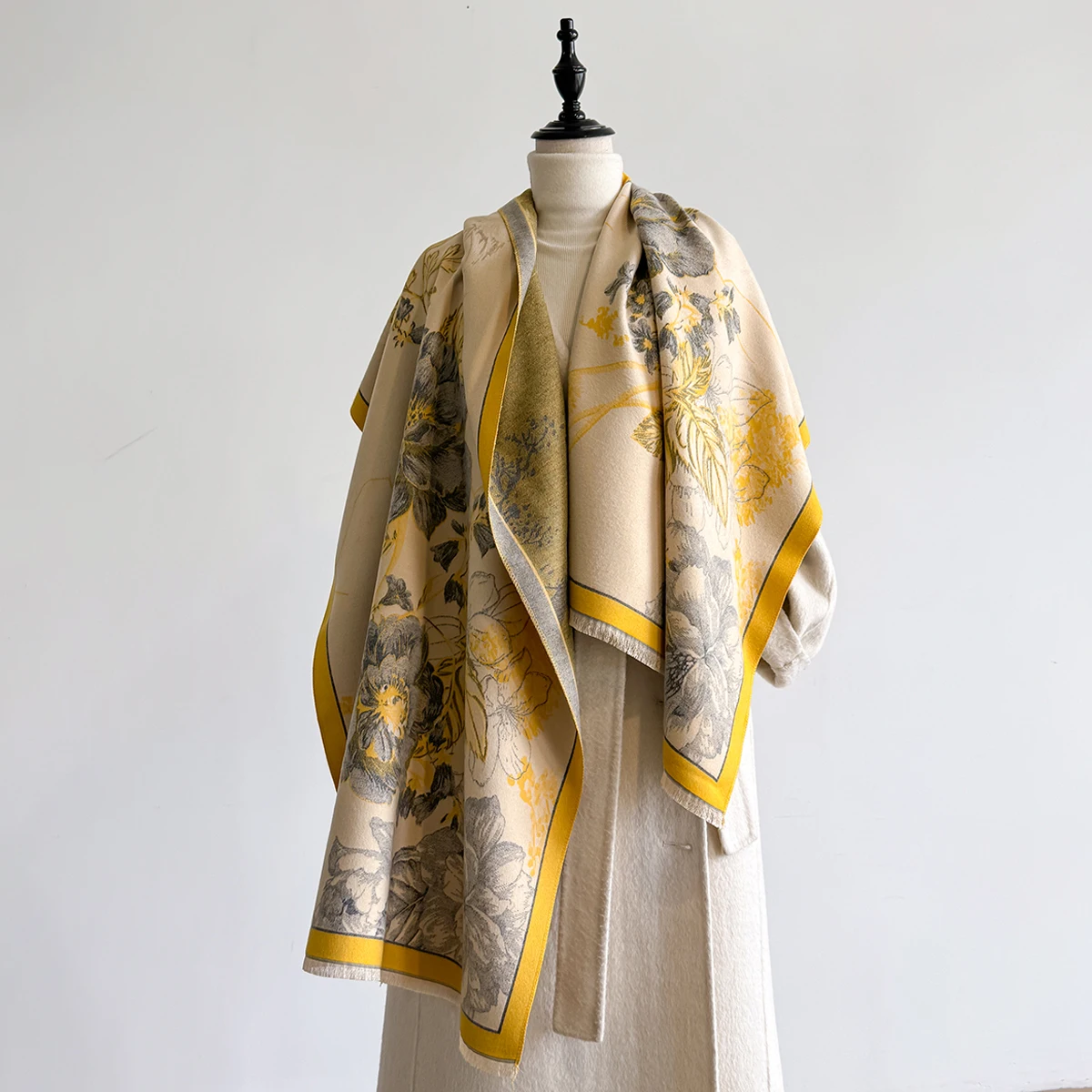 Brand Fashion Winter-Kaschmirschal für Damen – Pashmina-Schal mit Blumenmuster und Quasten, dicker, warmer Wickel- und Poncho – Detail 21