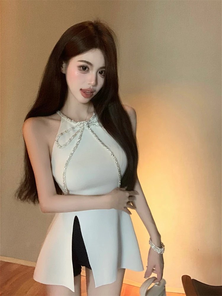 Vintage Bow Rhinestone Sexy Split Knitted Camisole Women 2024 Summer New Korean Solid Color All Match Halter Tops