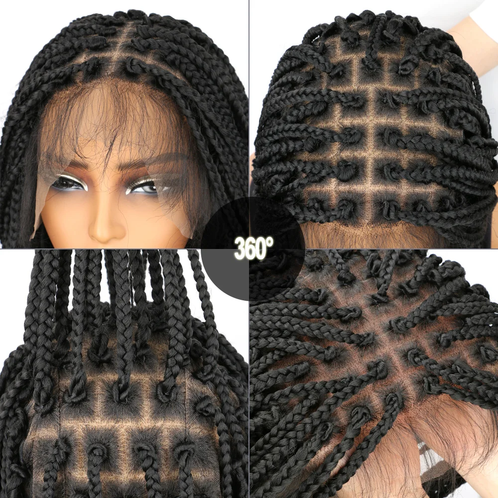 3X 박스 브레이드 가발 (베이비 헤어 포함) 여성용 노 매듭 브레이드 가발, 블랙 풀 레이스 브레이드, 프리미엄 합성 브레이드 풀 레이스 가발