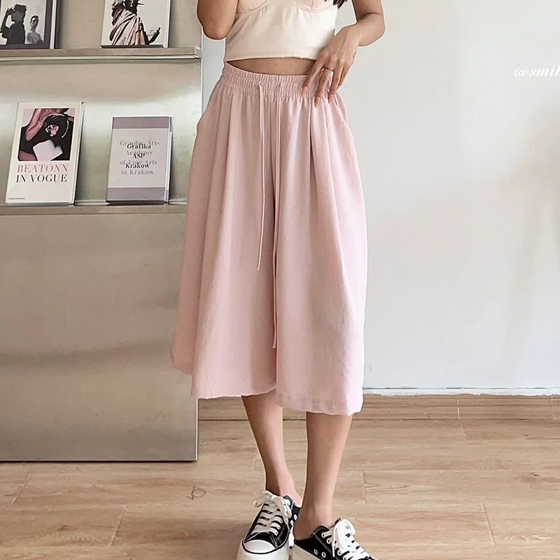 Women knee Length loose Pants Elastic Waist Wide Leg Female Pants 2024 Female Basic Summer Half Pants