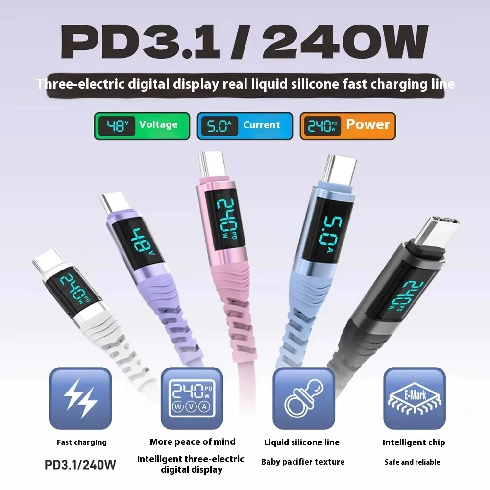 Silicone 240W Digital Display USB C to Type C Fast Charging Data Wire Cable For Iphone 15 16 17 Pro Max Samsung s26 s25 Xiaomi - view 3