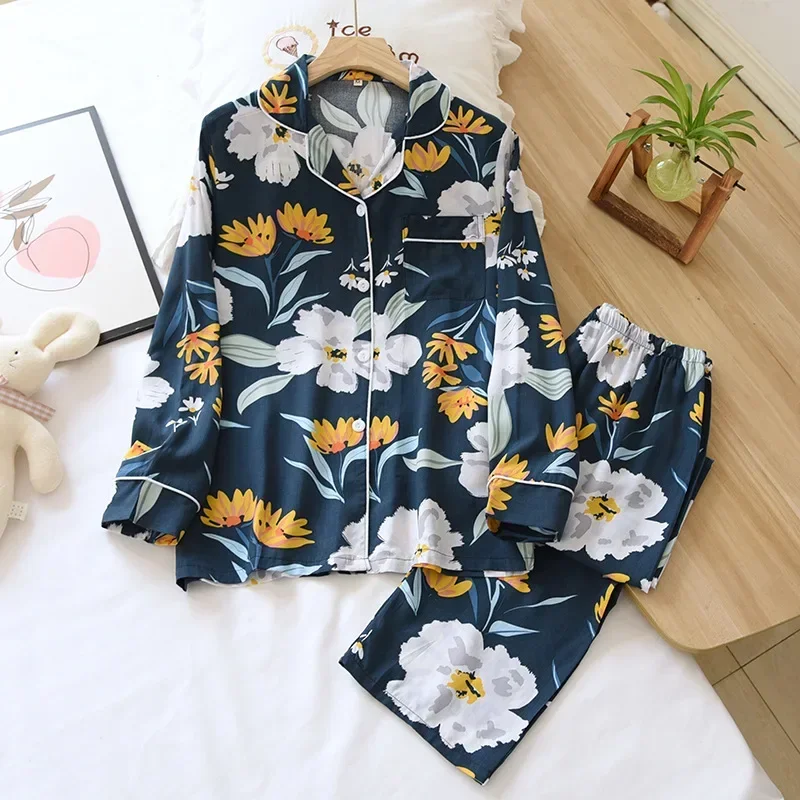 Spring and summer new 100% viscose pajamas two-piece long-sleeved trousers women\'s flowers comfortable plus size homewear suit