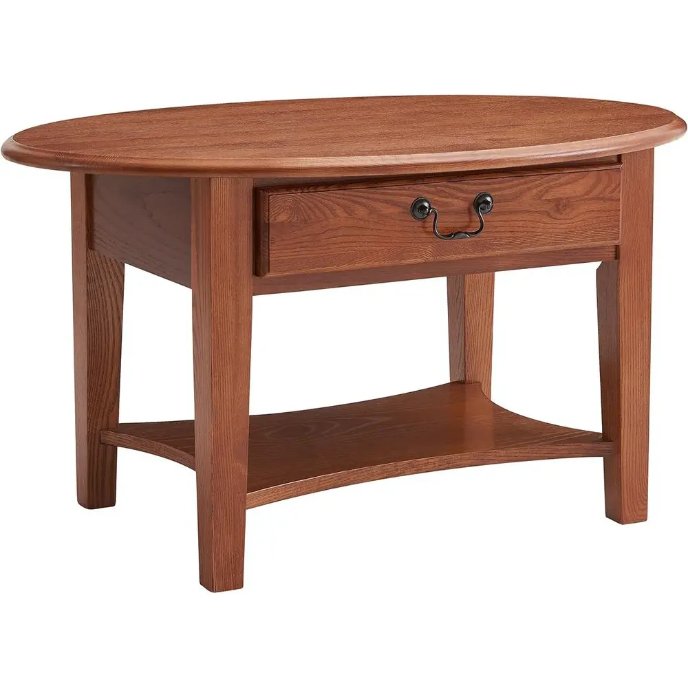 

Журнальный столик, из массива дерева, овальный, с ящиком и полкой, цвет дуб средней плотности