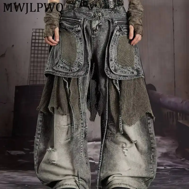 MWJLPWQ Retro Washed Mesh Layer Cargo Denim Jean Multi Zipper Pocket Rip Detail High Waist Men Grunge Street Loose Bottom 16939