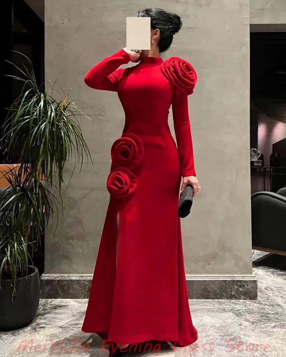 Meiyijia Handmade O-Neck 3D-Flower Pleats Long-Sleeves Ankle-Length robes de soirée  فساتين سه  Arabia 2024 Sexy Evening Dresses