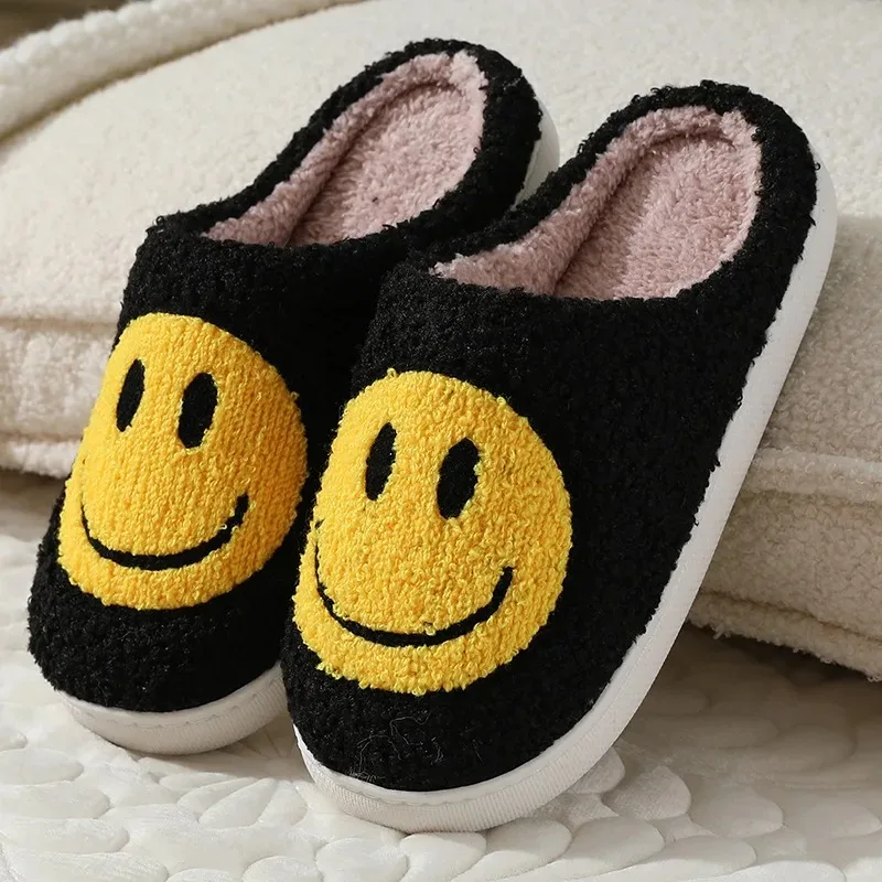 Cute Thick Soles Cartoon Anti Slip Interior for Home Use Smiling Face Autumn/winter Furry Couple Cotton Slippers Women\'s Bags