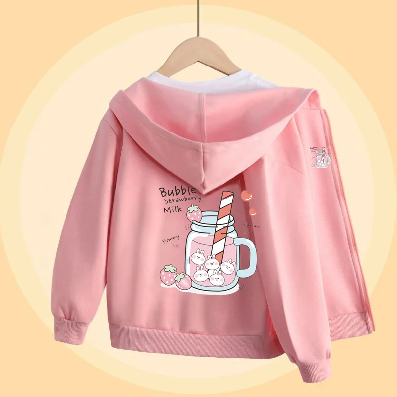 Mädchen Bubble Tea Cartoon Pullover Herbst Langarmmäntel mit Reißverschluss Rosa Niedliche Hoodies 5-14T