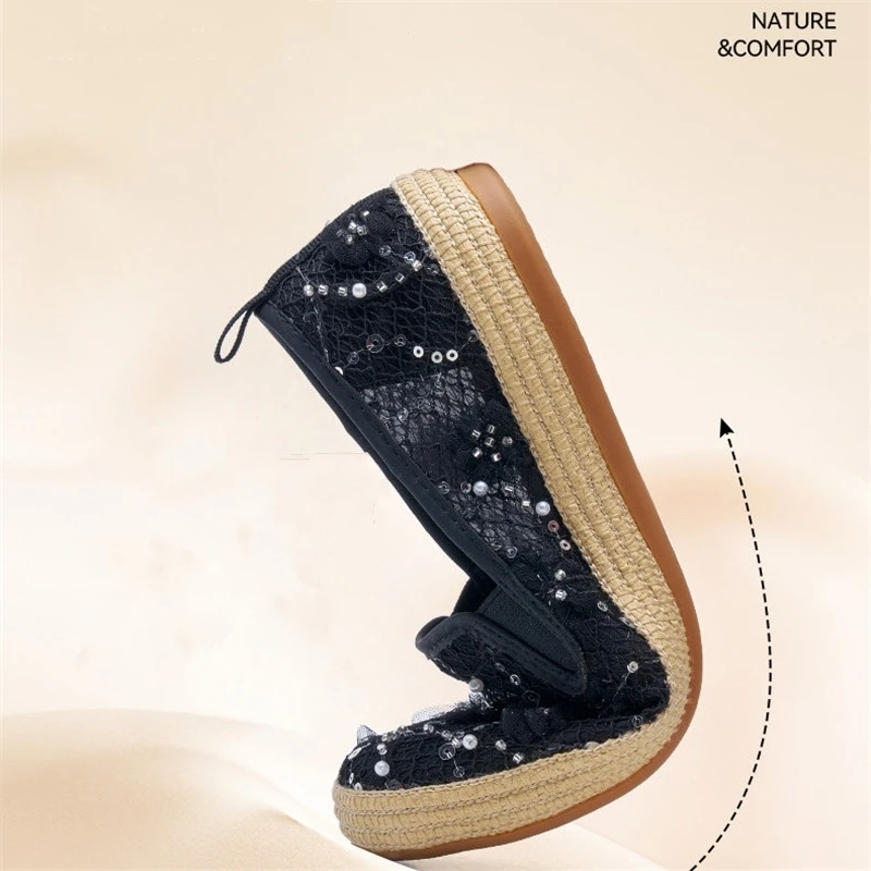 J&M Women Loafers Fashion Summer Lace Floral Breathable Soft Fisherman Shoes Black Espadrilles Rubber Mesh Casual Shoes White