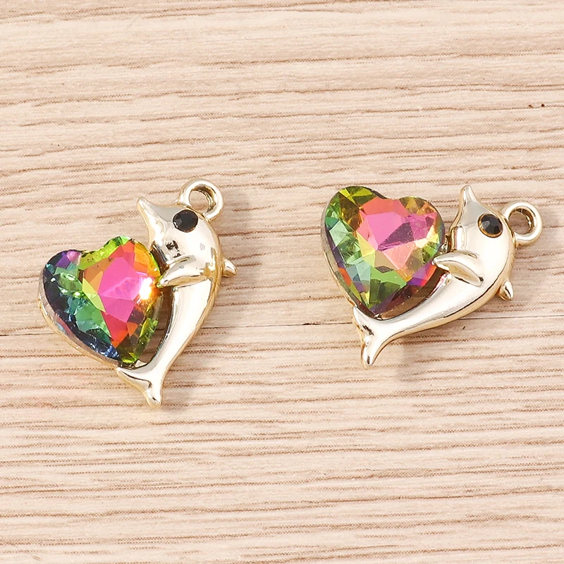 Tusember, 10 Stück, goldfarbene Kristall-Herz- und Delfin-Anhänger zum Basteln von Schmuck, für DIY-Projekte, zum Herstellen von Halsketten, Armbändern und Ohrringen. – Detail 2