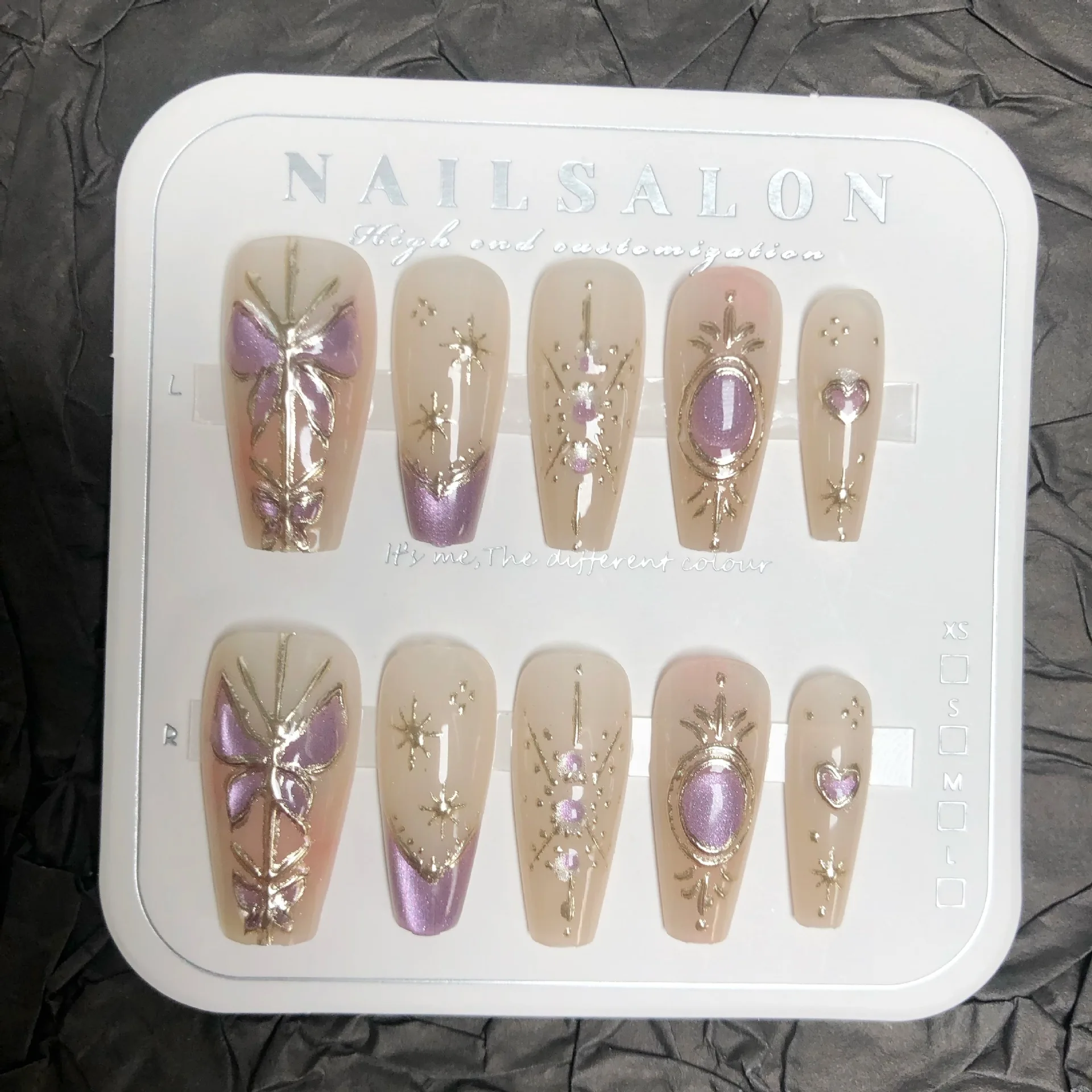 

24PCS Pressing on Nails Sweet and Dreamy Purple Gold-plated Cat Eye Wearing Armor Long Style Pure Desire Style Fake Nails