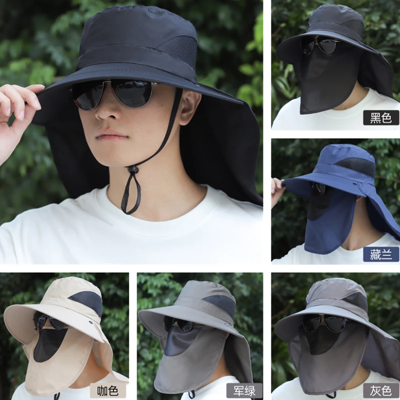 Summer Wide Brim 360° All-round Sun Protection Visor with Removable Face Mask Men Jungle Outdoor Travel Sun Hat Fishing Hat