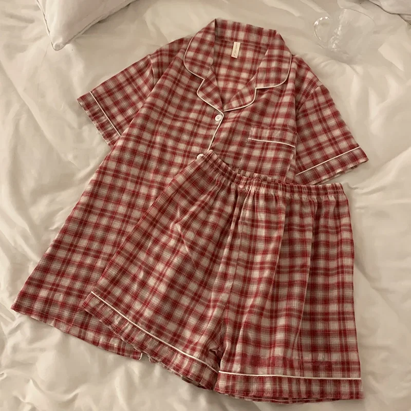 Korean Style Ins Plaid Pajamas Women Simple Can Be Worn outside Summer New Short sleeve Pure Cotton High-Grade Thin Homewear