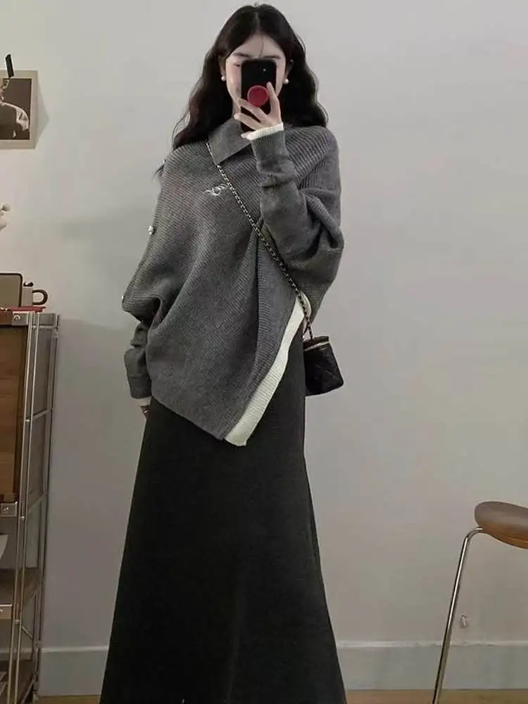 

ey Asymmetrical Knitted Sweater Set Women's Faion Autumn Winter Casual Wear Clete Set Comfortable Universal Fit