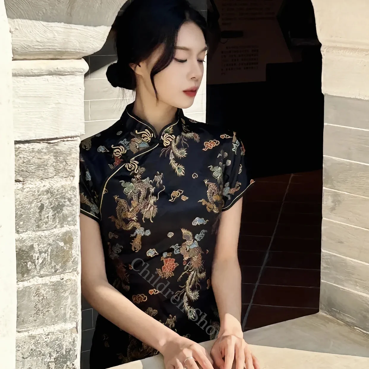 Sexy Split Cheongsam Black Dragon Phoenix Embroider Qipao Lady Long Elegant Vestidos Chinese Style Dress Plus Size 3Xl4Xl5Xl6Xl