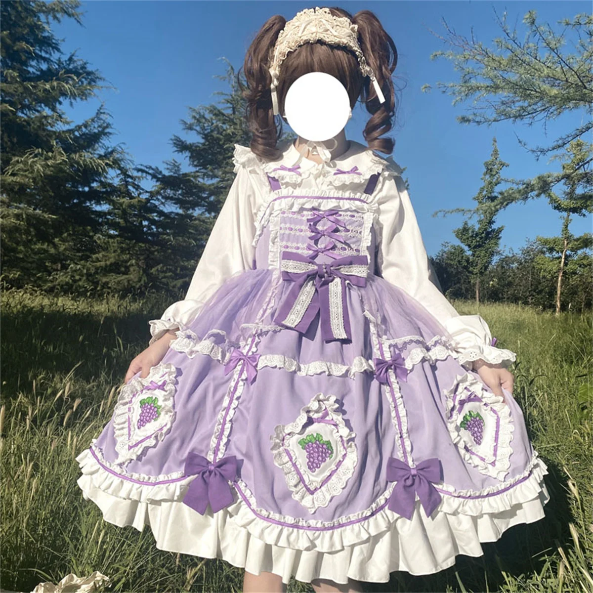 Japanese Sweet Style Cosplay Lolita Jsk  Kawaii Girls Cute Lace Ruffle Printing Grapes  Ribbon Bowknot Mesh Women  Dress