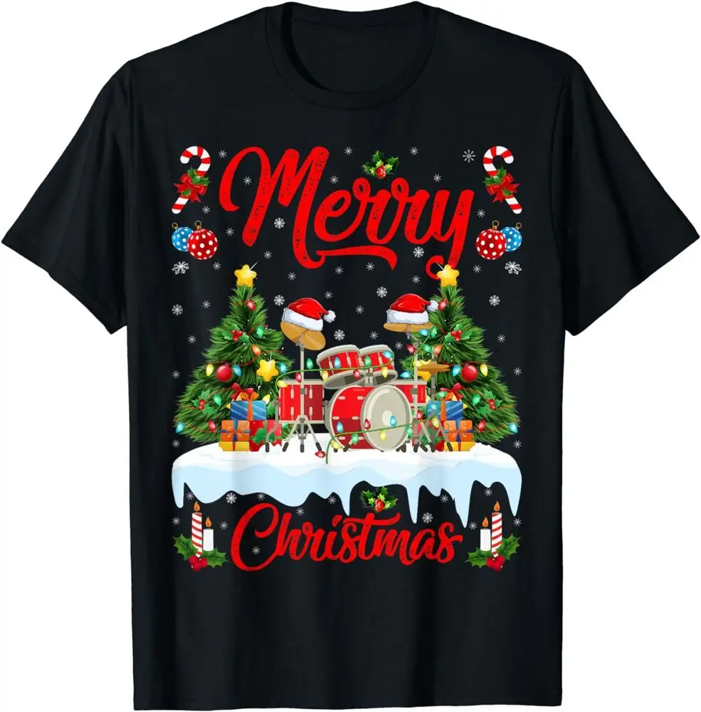 NEW Drum Music Lover Xmas Lighting Santa Hat Drum Christmas T-Shirt Size S-3XL