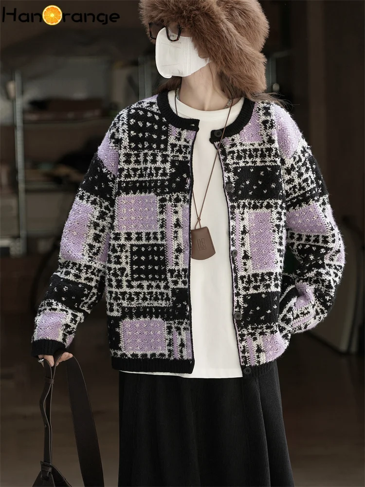 HanOrange 2025 الشتاء الرجعية الفن كتلة التباين قصيرة رداء علوي من الصوف المرأة فضفاضة قمة الموضة الأرجواني #3