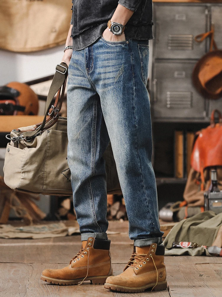 

Retro American Sle Loose Straight Leg Jeans Men's Classic Versatile Autumn Casual Pants Youth Trendy Cotton Polyester Blend