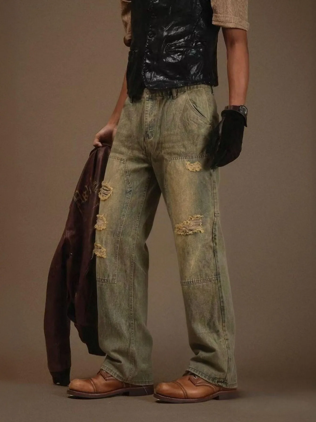 【HME】Men's Jeans | Retro American Workwear Carpenter Denim Pants Men, Heavy Mud Faded Distressed Denim Trousers, Tool Loop Multi-Pocket Design, Ripped Fr Detail Baggy Straight Leg Casual Men Pants