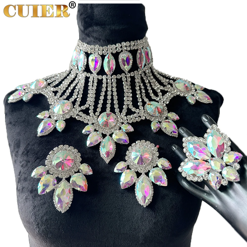 

CUIER SS28 5mm Rhinestone Earring Ring Necklace Jewelry Set for Women Big Size Bridal Crystal AB Champagne Huge Men's Special