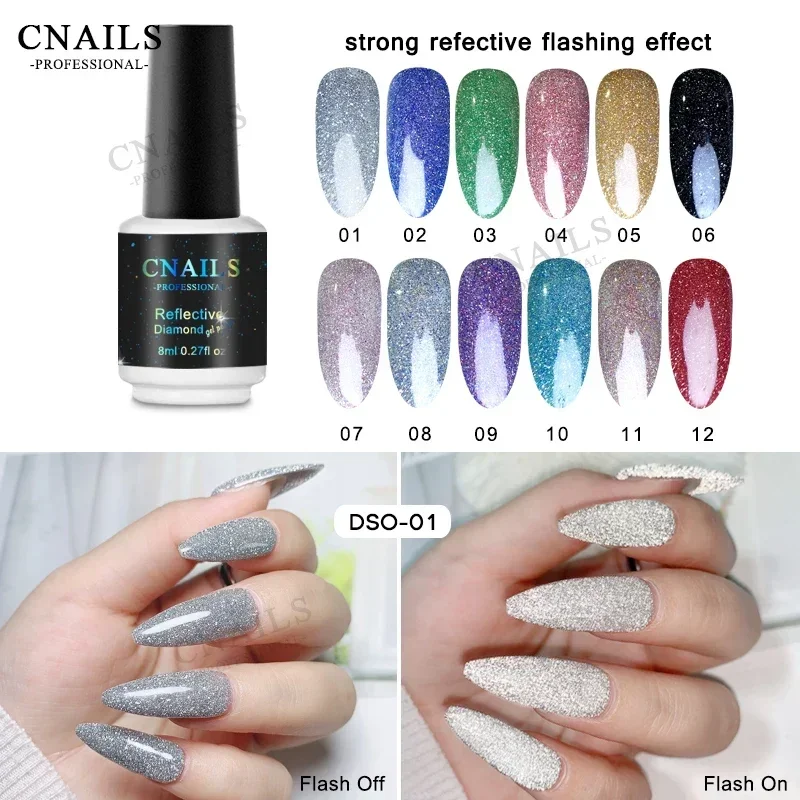 CNAILS Glitter Nail Polish Soak Off UV/LED Gel Super Reflective Effect Resin Flash Disco Varnish Semi Permanent Nail Art 8ml