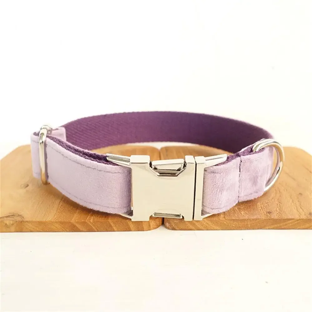 Personalized Dog Collar Custom Pet Collar Free Engraving ID Name Tag Pet Accessory Purple Thick Velvet Puppy Collar Leash