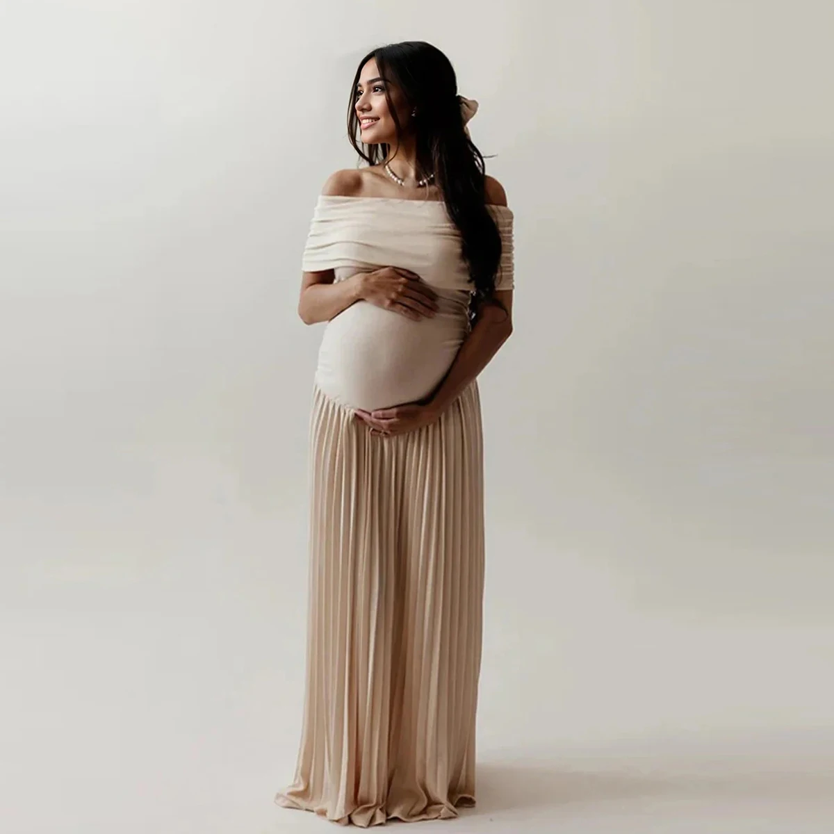 Maternity Off-Shoulder Bodycon  Backless Summer Long Dress Pleated  Maxi Gown for Baby Shower Photoshoot