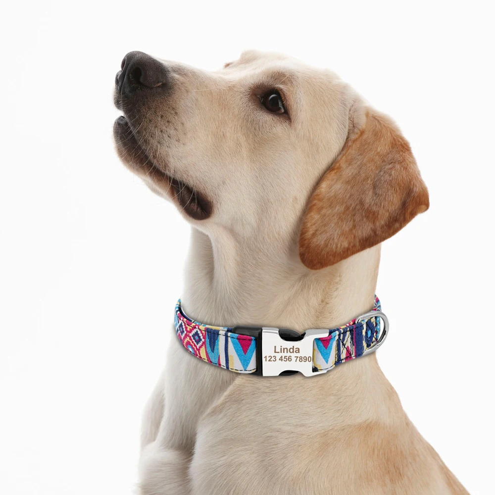 Custom Engraved Dog Collar Accessories Personalized Nylon Printed Pet Collar Adjustable Puppy Cat ID Collar For Small Large Dogs