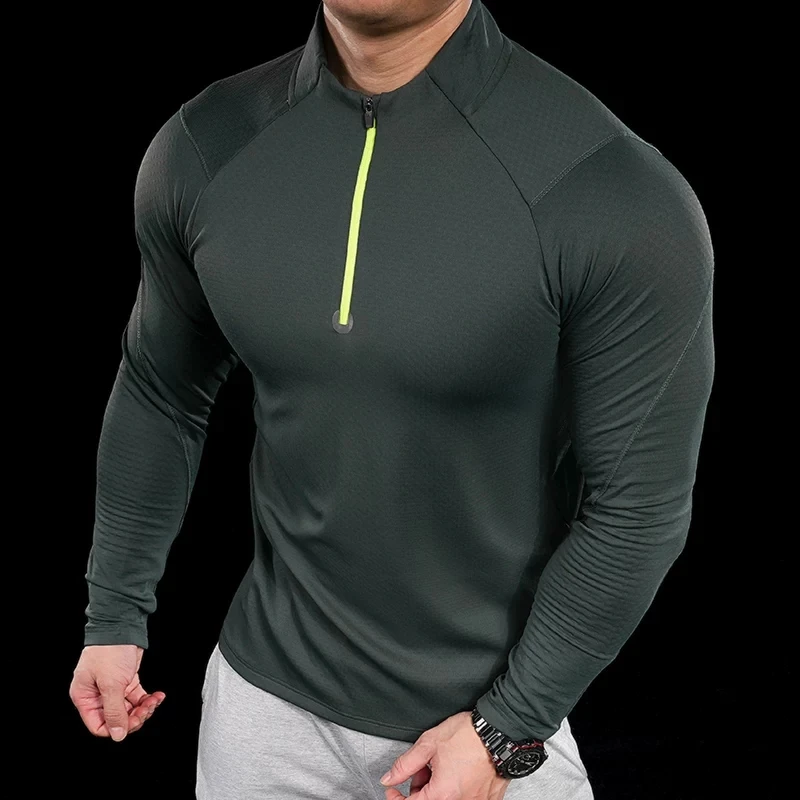 Winter Men Gym Fitness Skinny Velvet T-shirt Men breathable Long sleeve Zippered stand collar Shirt Running Bodybuilding