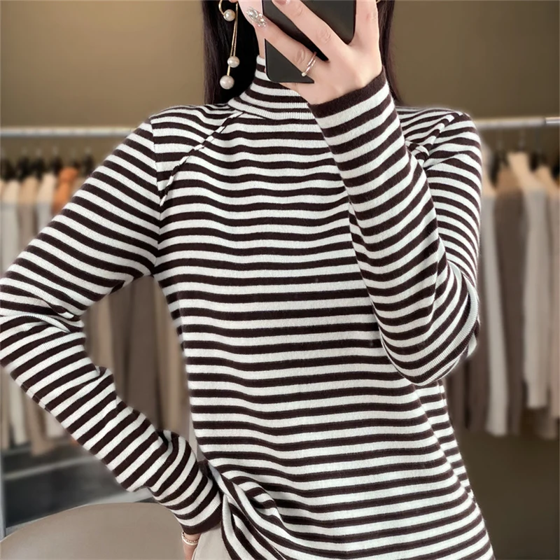 Hot selling Cashmere sweater women Half turtleneck Striped Cashmere sweater casual long sleeved knitted women pullove