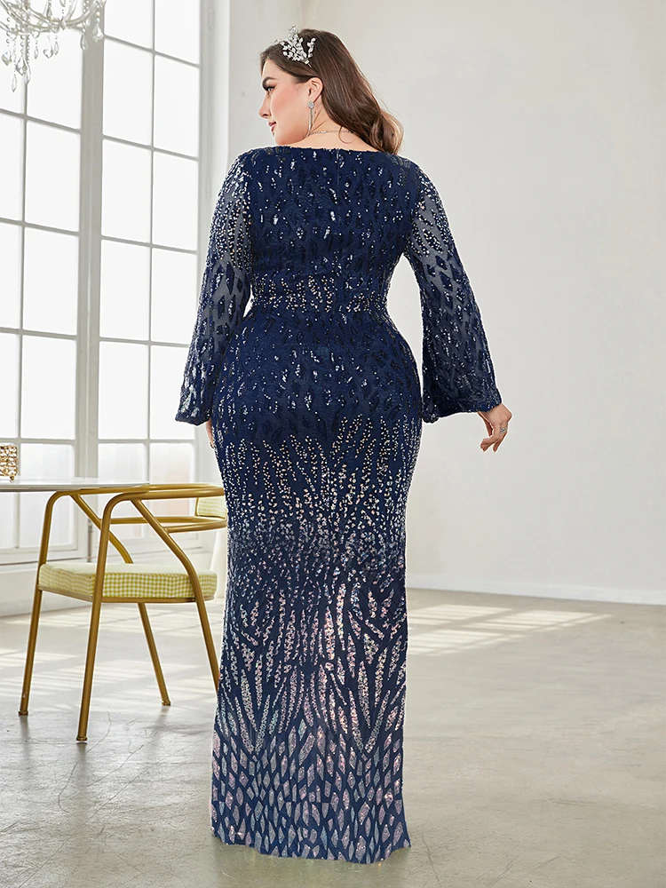 XUIBOL Plus Size Elegant Sequin Blue Evening Dress 2024 Women Formal Maxi Prom Long Sleeves Party Dress Luxury Cocktail Dress