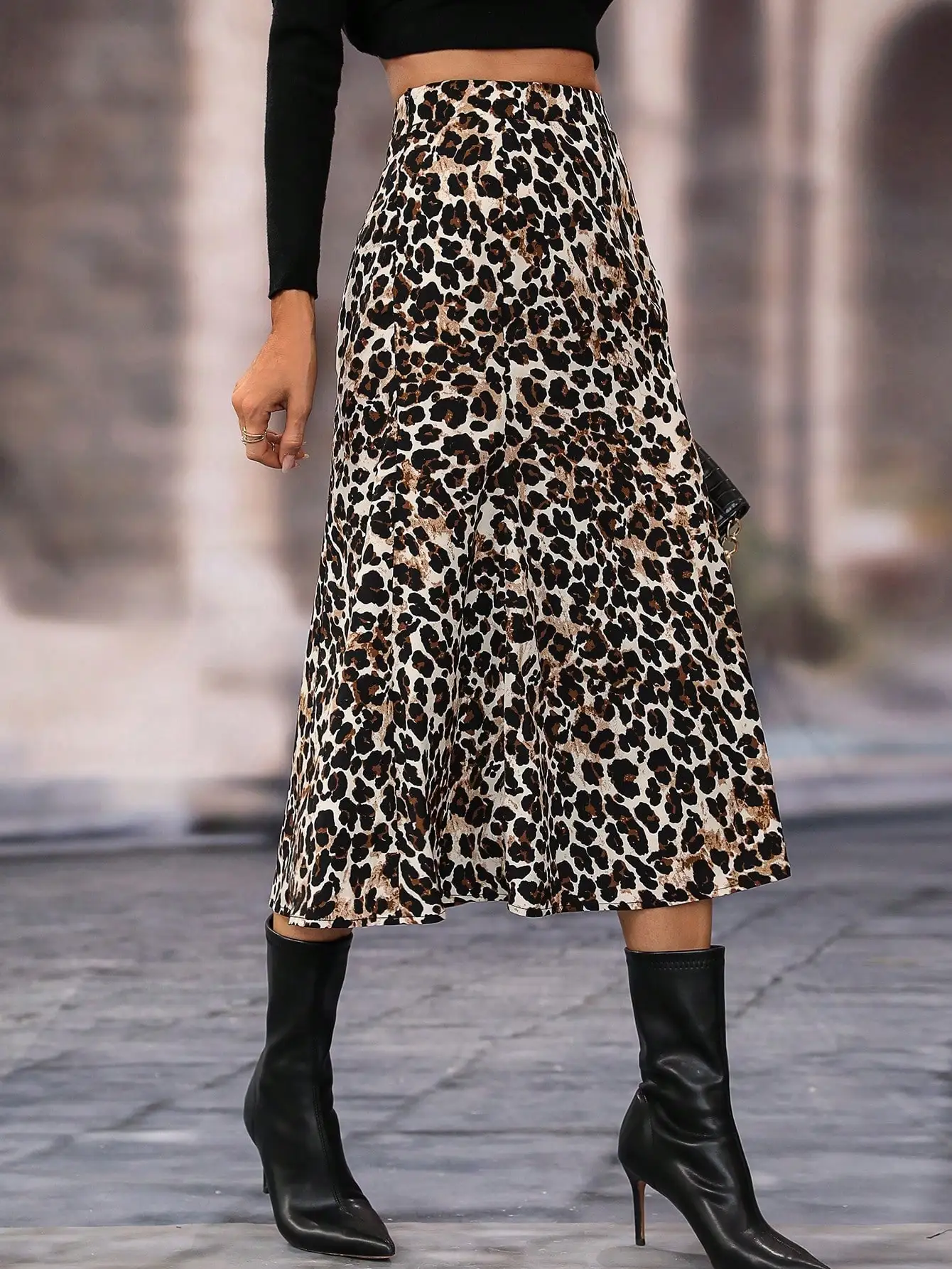 2026 New Fashion Womens Leopard Print Midi Skirt High Waist A Line Pleated Flowy Long Skirt Casual Elegant Autumn Winter Bottoms