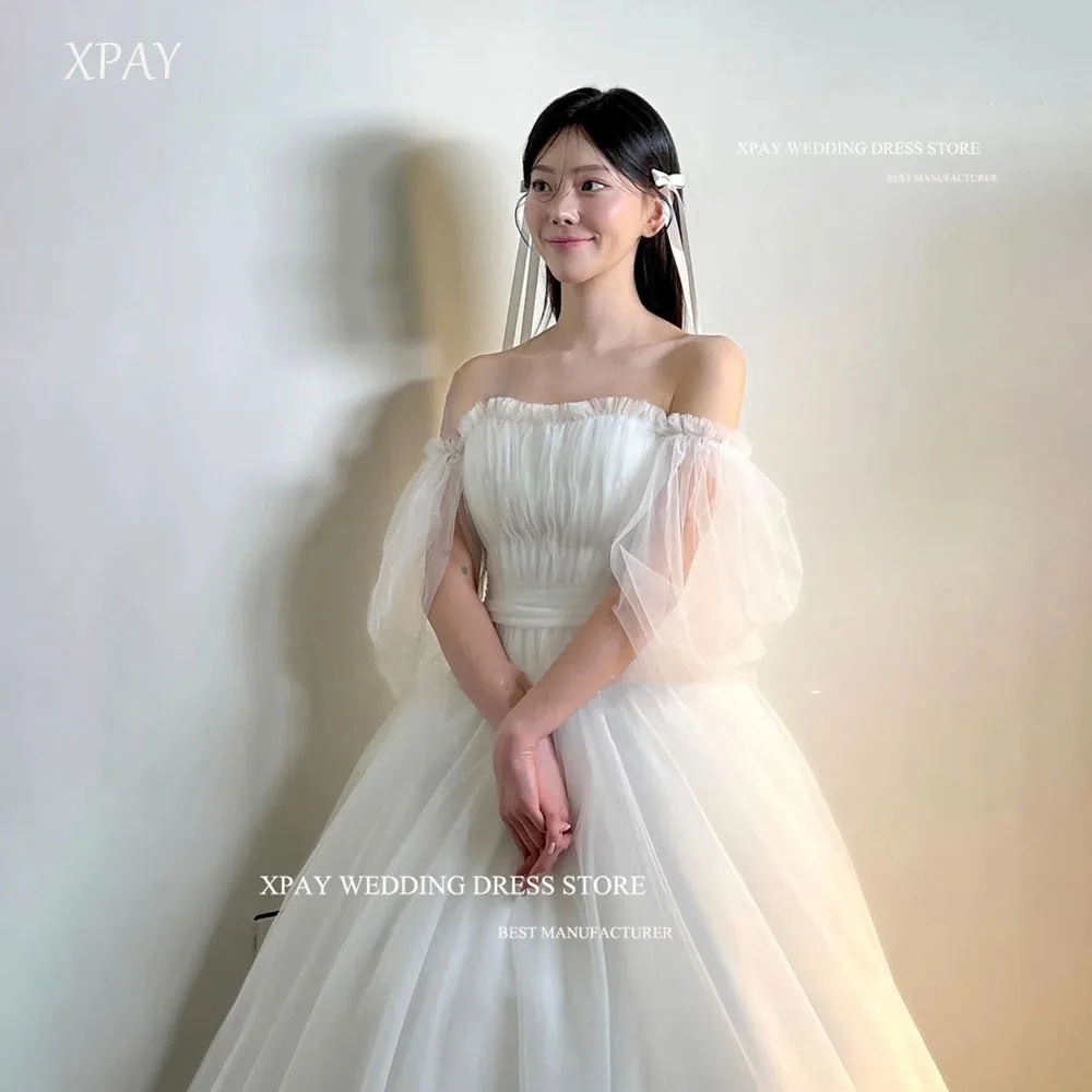 

XPAY Elegant Strapless Wedding Dresses Floor Length 프롬드레스 Korea Tulle Corset A-Line Ivory Bride Gowns Party Women Bride Customi