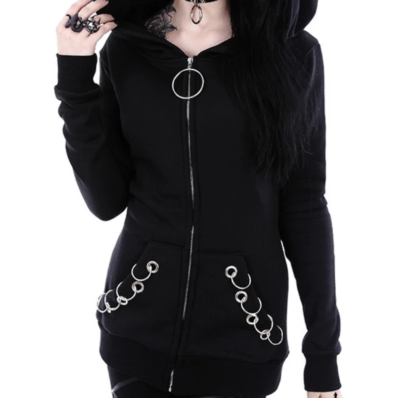 New in Outerwear Women Sweat-shirt Punk Zip Up Hoodie Oversized Long Sleeve Gothic Clothes Iron Ring Hooded Pocket Sweatshirt