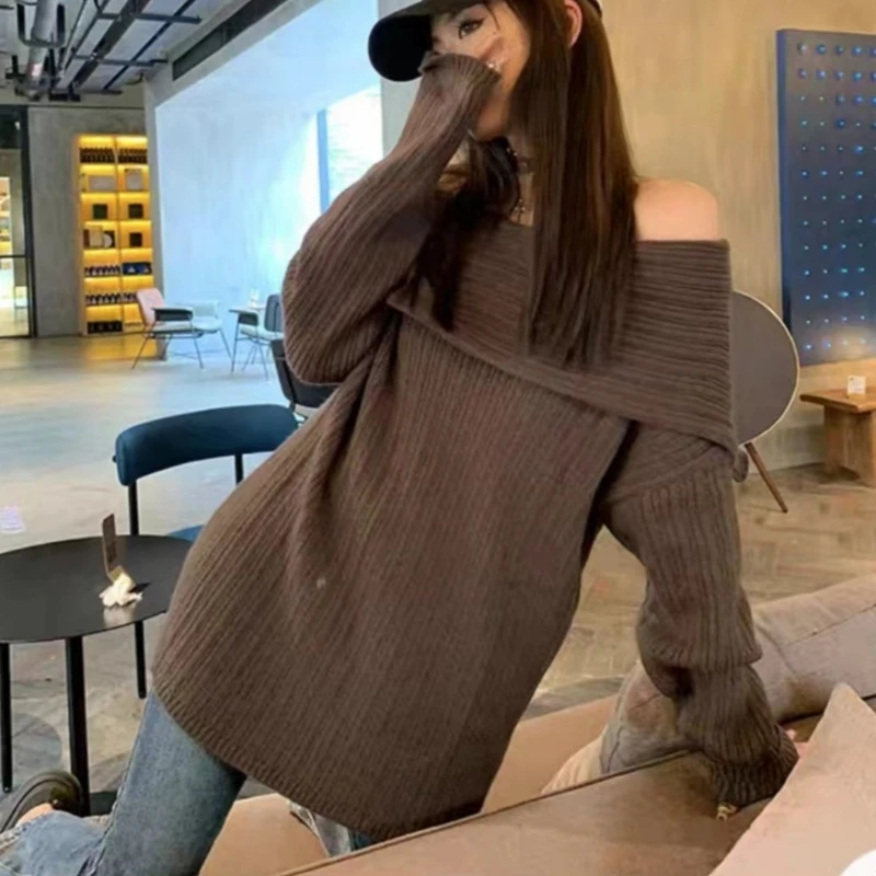 Pullovers Women Slash Neck Soft Long Sleeve Chic Sweet Spicy Girls Off-shoulder All-match Korean Fashion Knitwear Casual Autumn