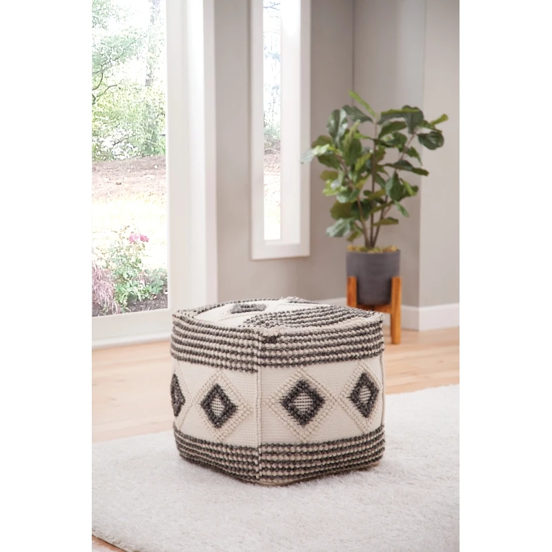 

Dalia - Square Handwoven Woolen Pouf - Beige