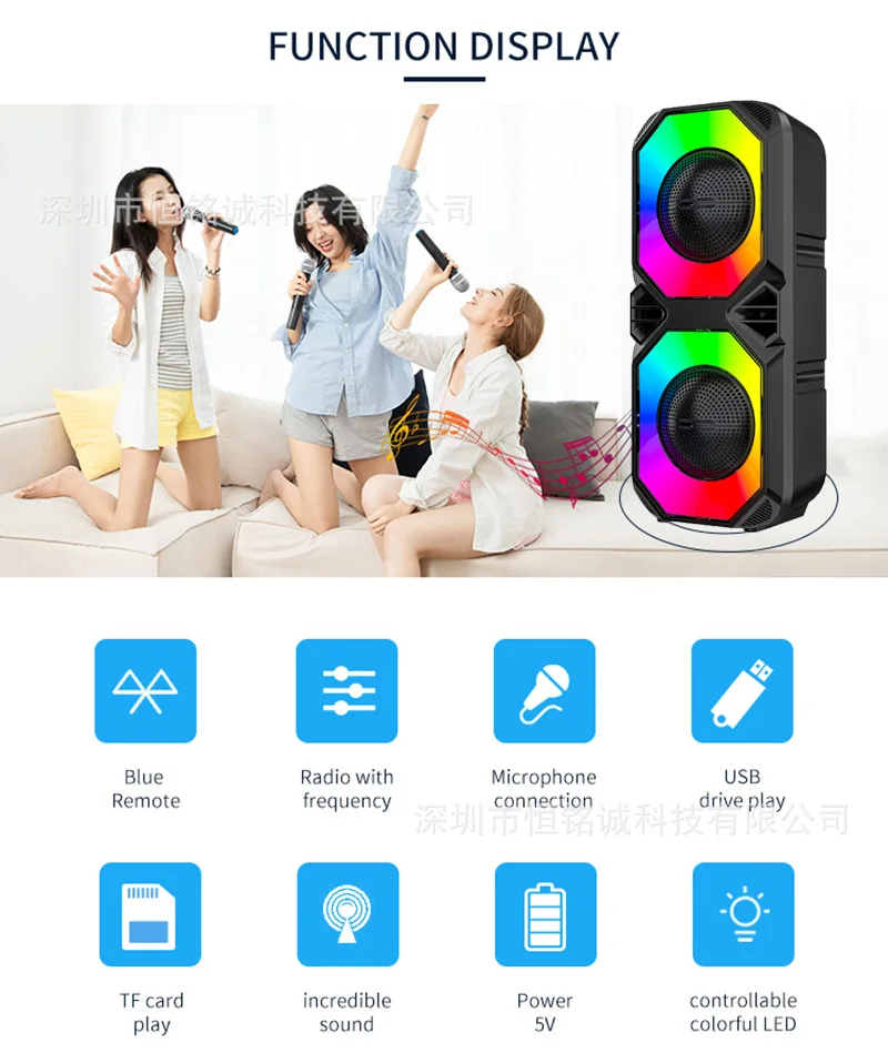 Altavoz inalámbrico con Bluetooth, reproductor de música con luz LED, Subwoofer, 60W, 4 pulgadas, RGB, cuadrado, para exteriores, baile, Karaoke, Partybox, colorido