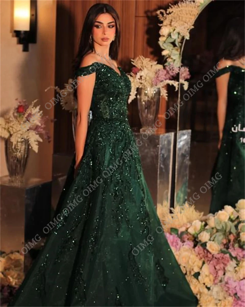 OIMG Queen Green Off spalla abiti da festa formali paillettes lucide abiti da sera lunghi Dubai Night Club Dress Robe de soiree