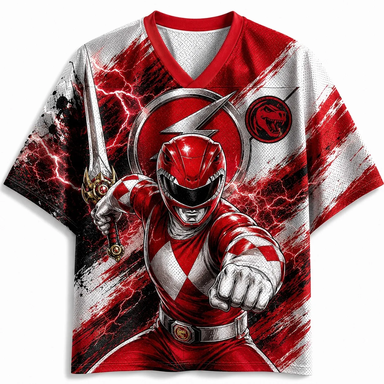 Dinosaur Team All Staff Printed Mesh V-neck Short Sleeved Shirt American Anime Loose T-shirt