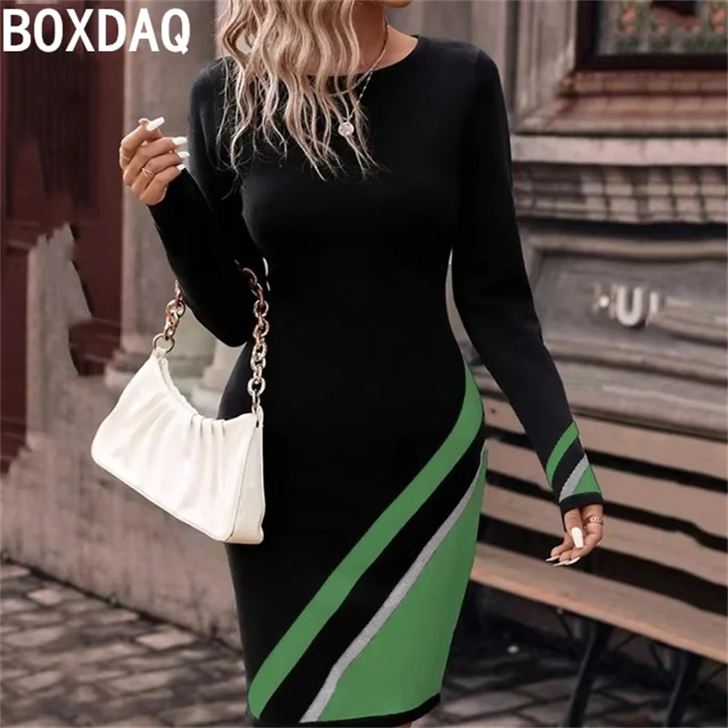 Women Autumn New Long Sleeve O-neck Straight Dress Fashion Striped Print Dress Woman's Simple Versatile Dress Big Size Vestidos