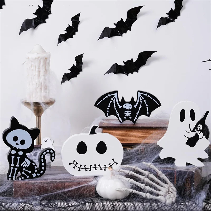 4PCS Halloween Decorations Indoor, Halloween Tiered Tray Decor Table Sign, Halloween Wooden Signs Ghost Bat Pumpkin Cat