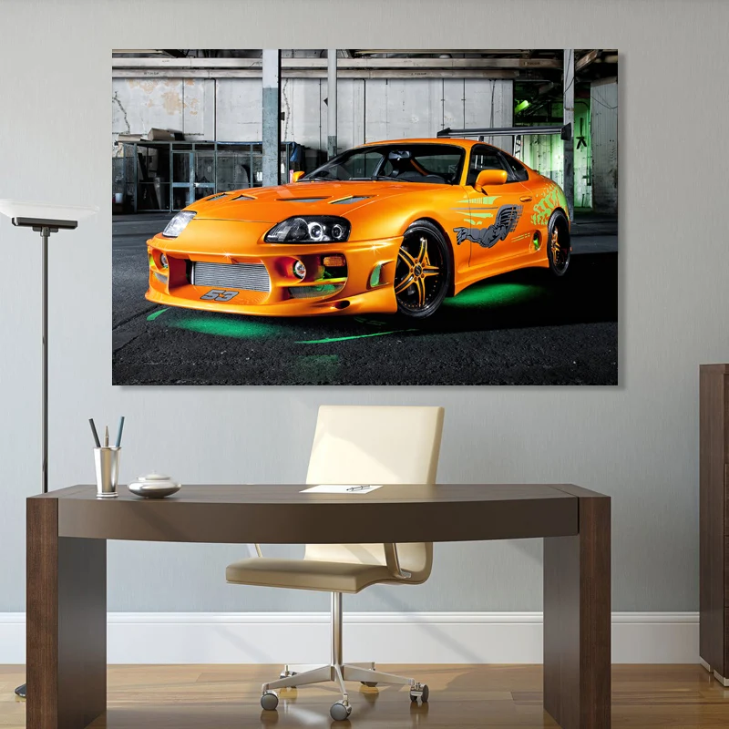 Supercar Posters Toyotas Supra With Green Neon Lights Orange Car Picture Canvas Painting Wall Art Prints Home Room Decorations