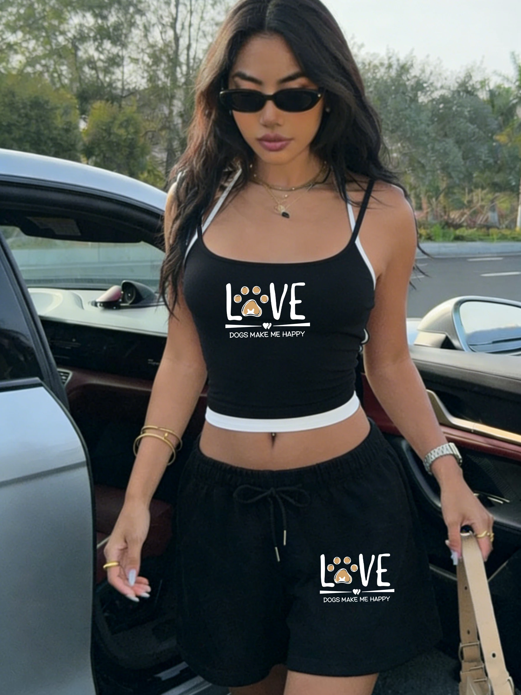 

Love Dogs Make Me Happy Design Womens Camisole Sets Summer Drawstring Shorts Halter Crop Tank Tops Wide-Leg Gym Breathable Pant